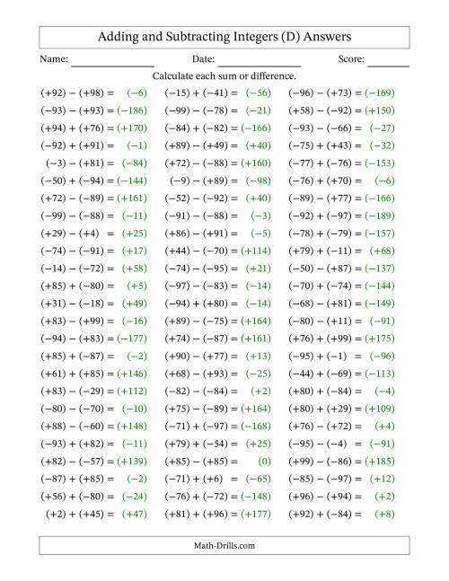 The Adding and Subtracting Mixed Integers from -99 to 99 (75 Questions; All Parentheses) (D) Math Worksheet Page 2