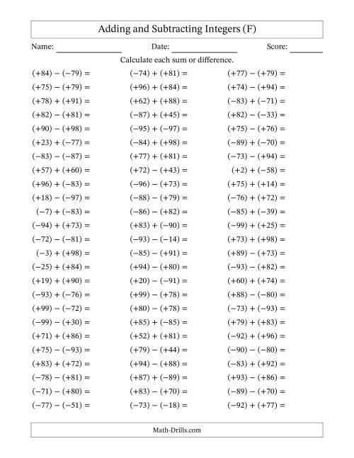 The Adding and Subtracting Mixed Integers from -99 to 99 (75 Questions; All Parentheses) (F) Math Worksheet