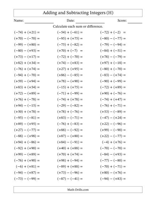 The Adding and Subtracting Mixed Integers from -99 to 99 (75 Questions; All Parentheses) (H) Math Worksheet