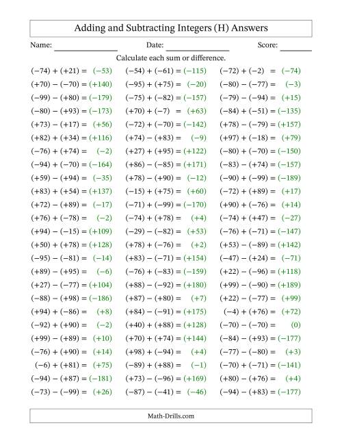 The Adding and Subtracting Mixed Integers from -99 to 99 (75 Questions; All Parentheses) (H) Math Worksheet Page 2