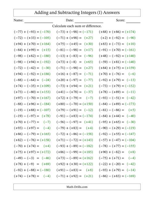 The Adding and Subtracting Mixed Integers from -99 to 99 (75 Questions; All Parentheses) (I) Math Worksheet Page 2
