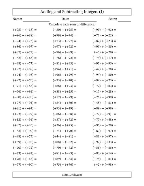 The Adding and Subtracting Mixed Integers from -99 to 99 (75 Questions; All Parentheses) (J) Math Worksheet