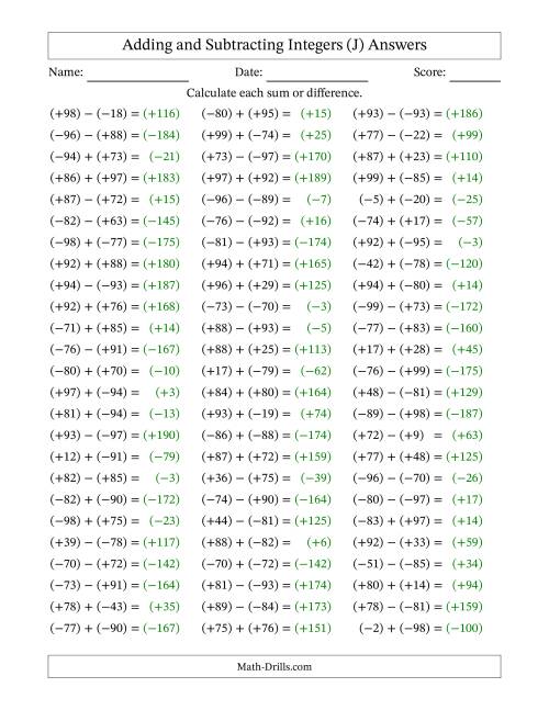The Adding and Subtracting Mixed Integers from -99 to 99 (75 Questions; All Parentheses) (J) Math Worksheet Page 2