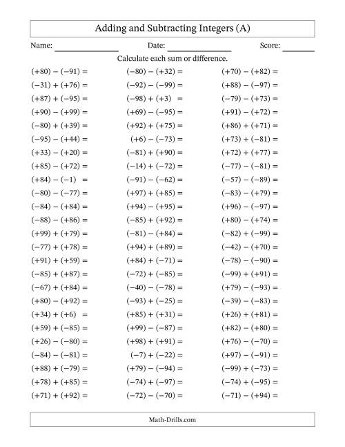 The Adding and Subtracting Mixed Integers from -99 to 99 (75 Questions; All Parentheses) (All) Math Worksheet