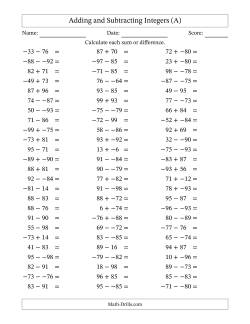Adding and Subtracting Mixed Integers from -99 to 99 (75 Questions; No Parentheses)