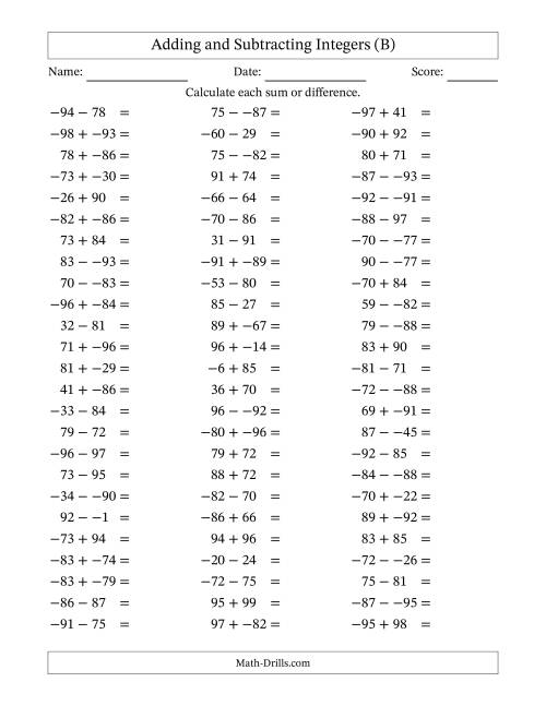 The Adding and Subtracting Mixed Integers from -99 to 99 (75 Questions; No Parentheses) (B) Math Worksheet