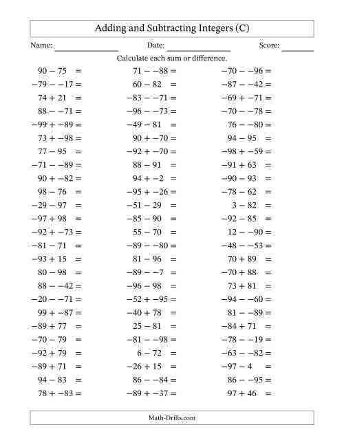 The Adding and Subtracting Mixed Integers from -99 to 99 (75 Questions; No Parentheses) (C) Math Worksheet