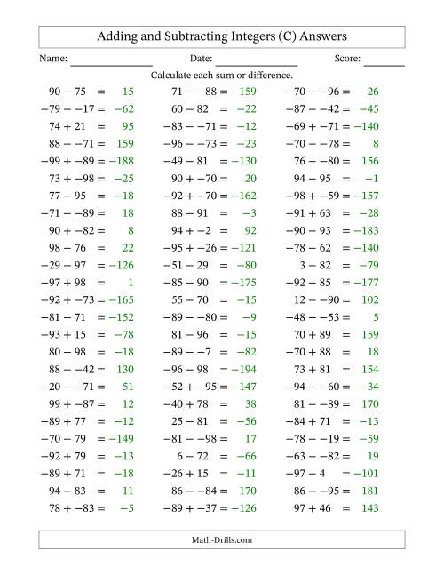 The Adding and Subtracting Mixed Integers from -99 to 99 (75 Questions; No Parentheses) (C) Math Worksheet Page 2