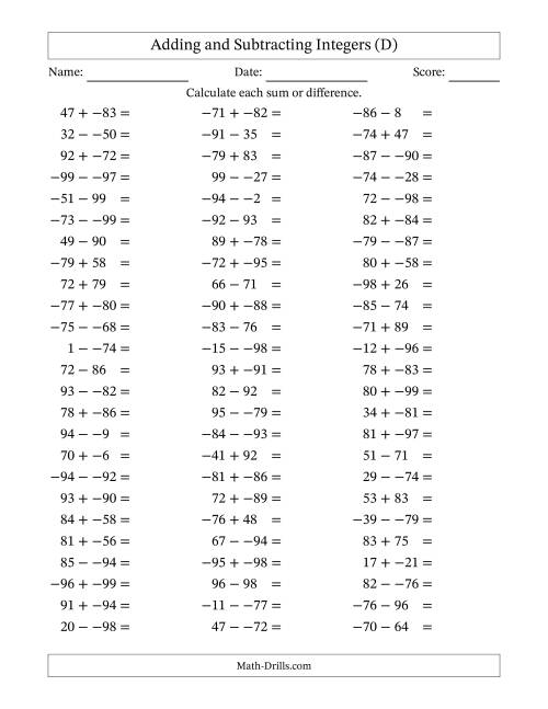 The Adding and Subtracting Mixed Integers from -99 to 99 (75 Questions; No Parentheses) (D) Math Worksheet