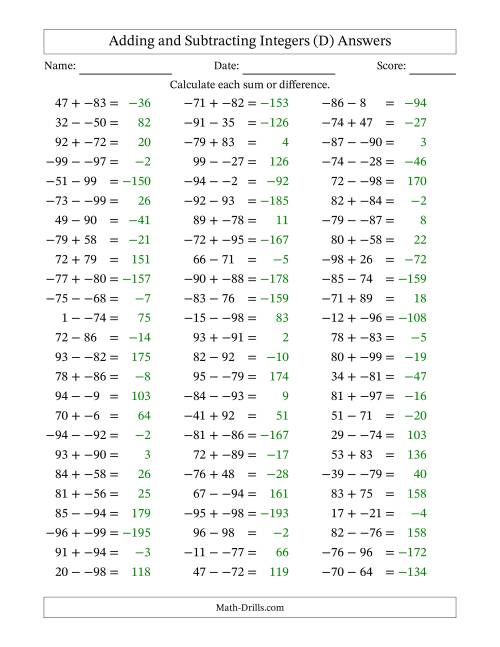 The Adding and Subtracting Mixed Integers from -99 to 99 (75 Questions; No Parentheses) (D) Math Worksheet Page 2