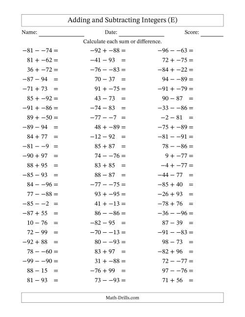The Adding and Subtracting Mixed Integers from -99 to 99 (75 Questions; No Parentheses) (E) Math Worksheet