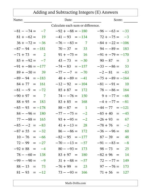 The Adding and Subtracting Mixed Integers from -99 to 99 (75 Questions; No Parentheses) (E) Math Worksheet Page 2