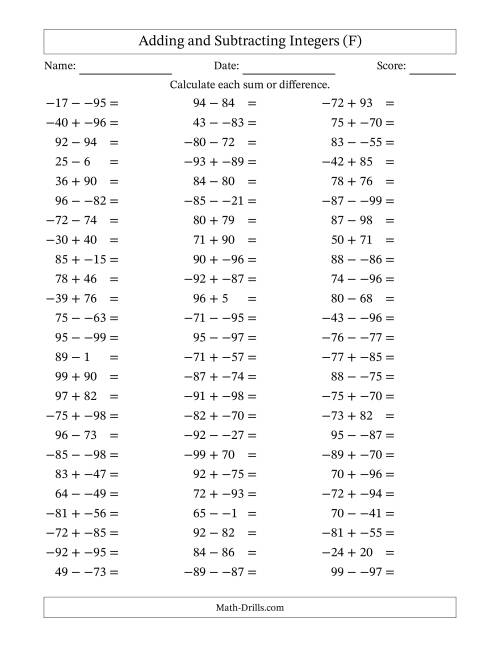 The Adding and Subtracting Mixed Integers from -99 to 99 (75 Questions; No Parentheses) (F) Math Worksheet