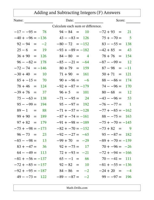 The Adding and Subtracting Mixed Integers from -99 to 99 (75 Questions; No Parentheses) (F) Math Worksheet Page 2