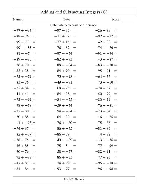 The Adding and Subtracting Mixed Integers from -99 to 99 (75 Questions; No Parentheses) (G) Math Worksheet