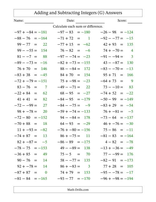 The Adding and Subtracting Mixed Integers from -99 to 99 (75 Questions; No Parentheses) (G) Math Worksheet Page 2