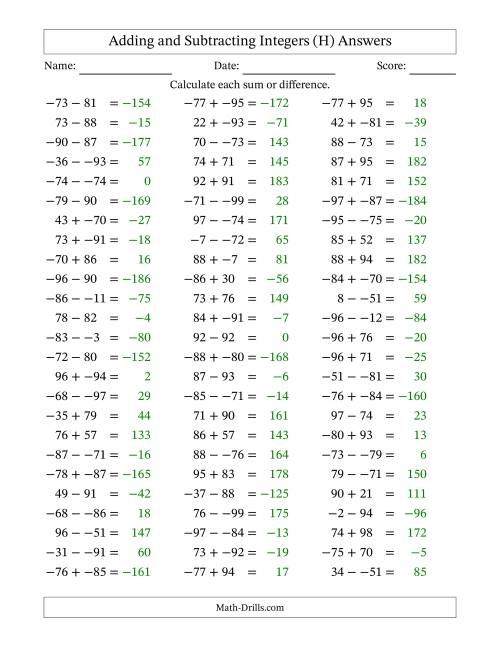 The Adding and Subtracting Mixed Integers from -99 to 99 (75 Questions; No Parentheses) (H) Math Worksheet Page 2