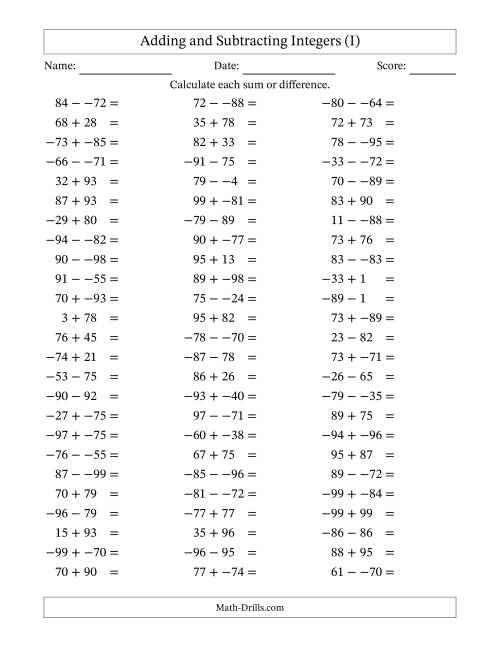 The Adding and Subtracting Mixed Integers from -99 to 99 (75 Questions; No Parentheses) (I) Math Worksheet