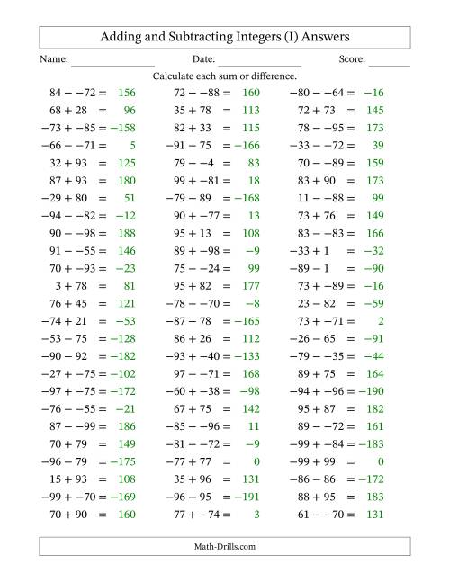 The Adding and Subtracting Mixed Integers from -99 to 99 (75 Questions; No Parentheses) (I) Math Worksheet Page 2