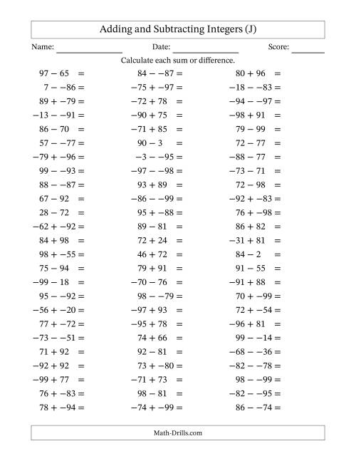 The Adding and Subtracting Mixed Integers from -99 to 99 (75 Questions; No Parentheses) (J) Math Worksheet