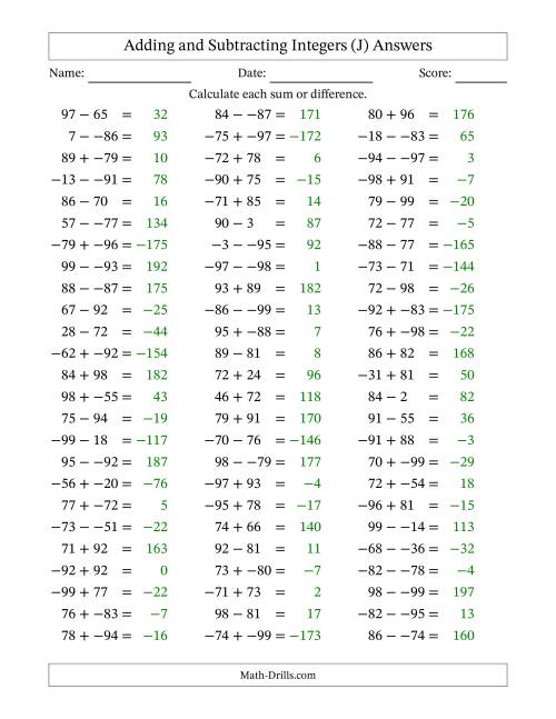 The Adding and Subtracting Mixed Integers from -99 to 99 (75 Questions; No Parentheses) (J) Math Worksheet Page 2