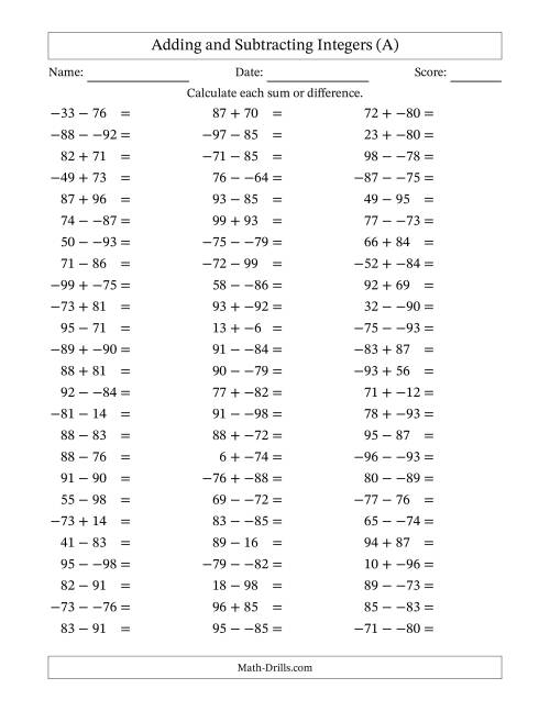 The Adding and Subtracting Mixed Integers from -99 to 99 (75 Questions; No Parentheses) (All) Math Worksheet