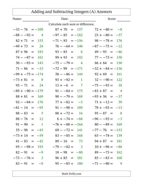 The Adding and Subtracting Mixed Integers from -99 to 99 (75 Questions; No Parentheses) (All) Math Worksheet Page 2