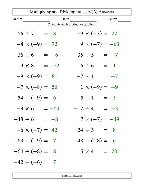 The Multiplying and Dividing Mixed Integers from -9 to 9 (25 Questions; Large Print) (A) Math Worksheet Page 2