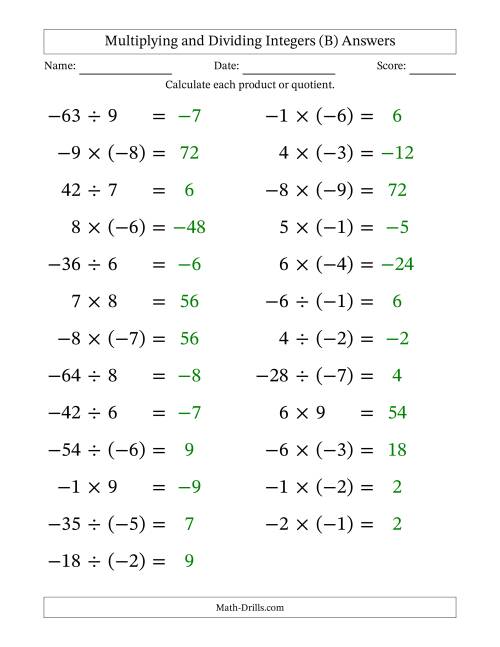 The Multiplying and Dividing Mixed Integers from -9 to 9 (25 Questions; Large Print) (B) Math Worksheet Page 2