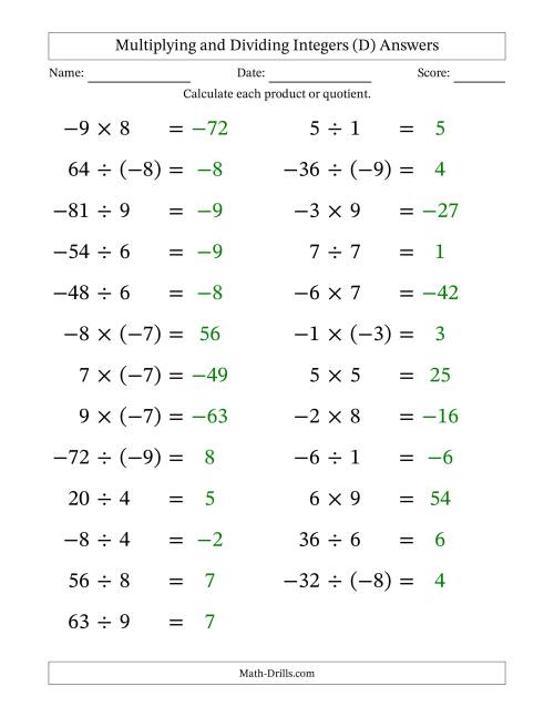 The Multiplying and Dividing Mixed Integers from -9 to 9 (25 Questions; Large Print) (D) Math Worksheet Page 2