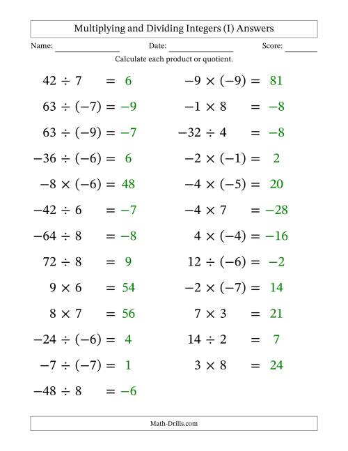 The Multiplying and Dividing Mixed Integers from -9 to 9 (25 Questions; Large Print) (I) Math Worksheet Page 2