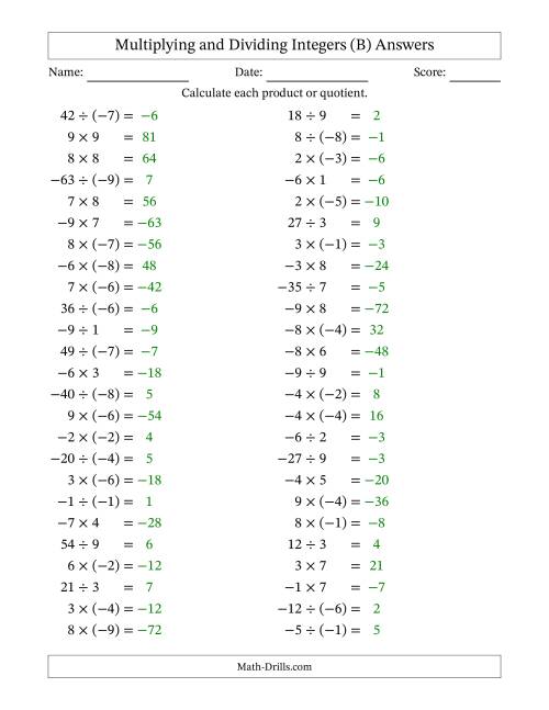 The Multiplying and Dividing Mixed Integers from -9 to 9 (50 Questions) (B) Math Worksheet Page 2