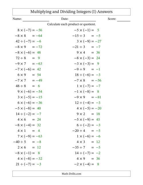 The Multiplying and Dividing Mixed Integers from -9 to 9 (50 Questions) (I) Math Worksheet Page 2