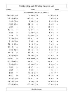 Multiplying and Dividing Mixed Integers from -9 to 9 (75 Questions)