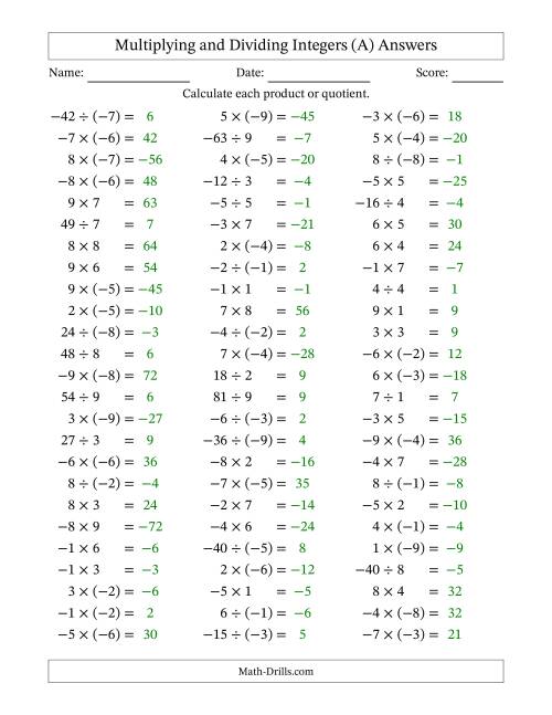 The Multiplying and Dividing Mixed Integers from -9 to 9 (75 Questions) (A) Math Worksheet Page 2