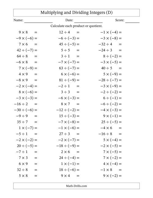 The Multiplying and Dividing Mixed Integers from -9 to 9 (75 Questions) (D) Math Worksheet