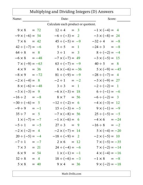 The Multiplying and Dividing Mixed Integers from -9 to 9 (75 Questions) (D) Math Worksheet Page 2