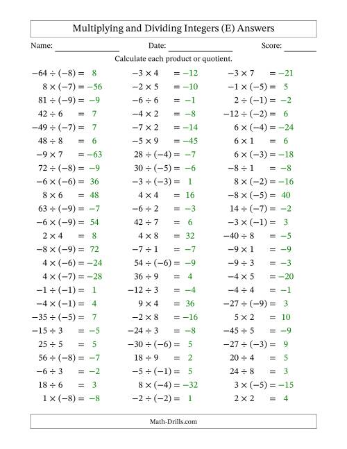 The Multiplying and Dividing Mixed Integers from -9 to 9 (75 Questions) (E) Math Worksheet Page 2