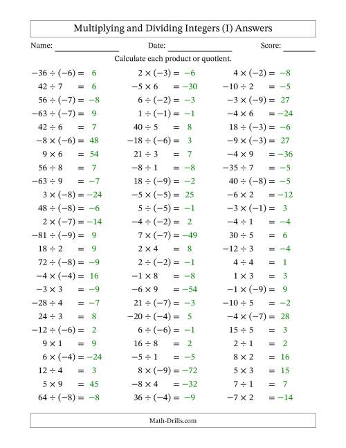The Multiplying and Dividing Mixed Integers from -9 to 9 (75 Questions) (I) Math Worksheet Page 2