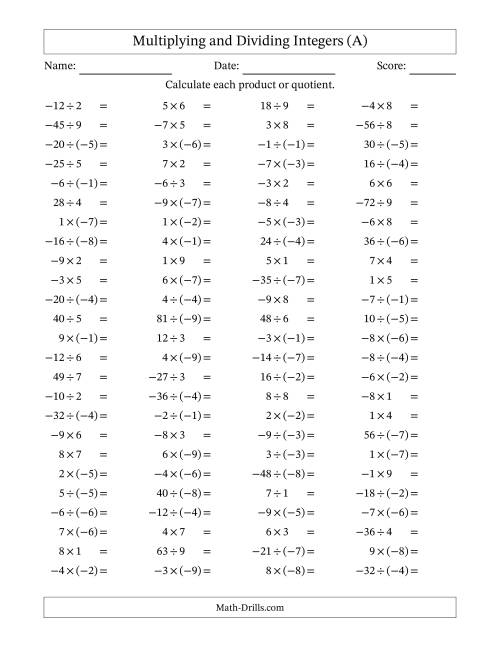 The Multiplying and Dividing Mixed Integers from -9 to 9 (100 Questions) (A) Math Worksheet