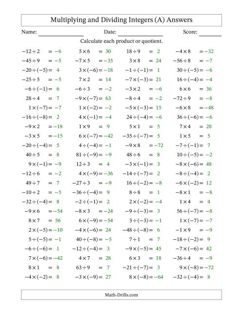 The Multiplying and Dividing Mixed Integers from -9 to 9 (100 Questions) (A) Math Worksheet Page 2