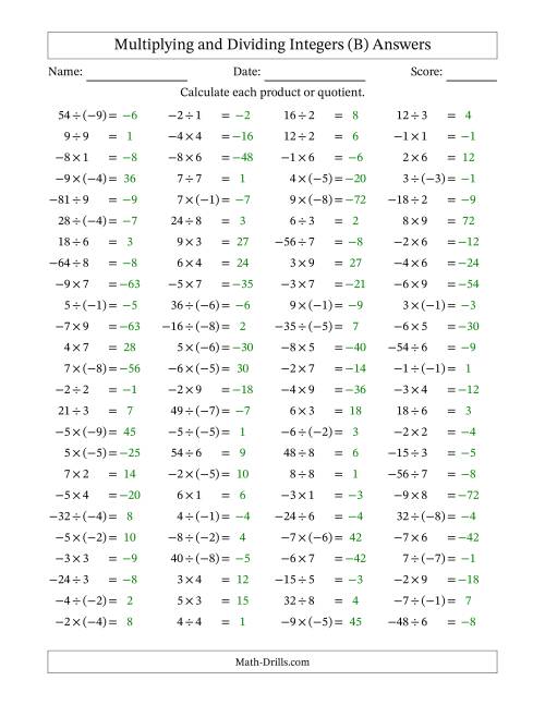 The Multiplying and Dividing Mixed Integers from -9 to 9 (100 Questions) (B) Math Worksheet Page 2