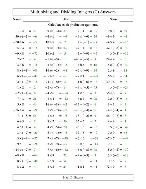 The Multiplying and Dividing Mixed Integers from -9 to 9 (100 Questions) (C) Math Worksheet Page 2