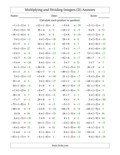 The Multiplying and Dividing Mixed Integers from -9 to 9 (100 Questions) (D) Math Worksheet Page 2