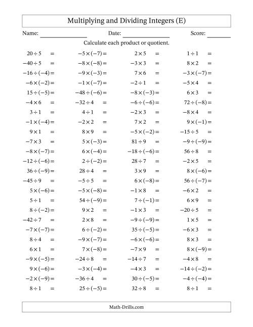 The Multiplying and Dividing Mixed Integers from -9 to 9 (100 Questions) (E) Math Worksheet