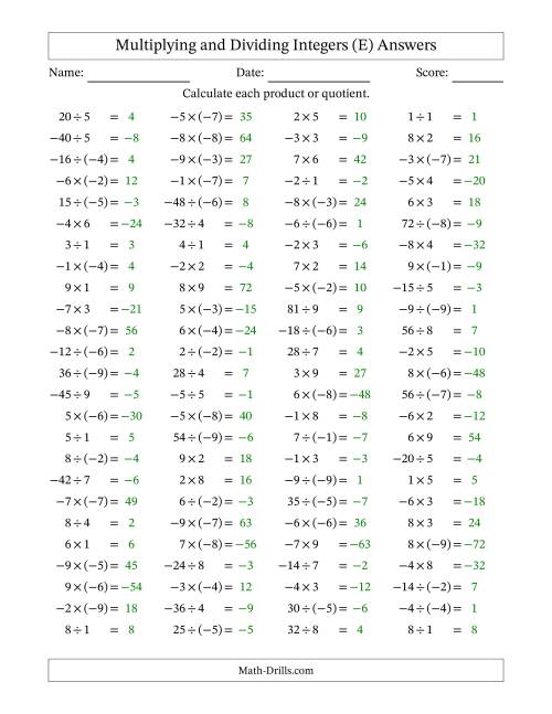 The Multiplying and Dividing Mixed Integers from -9 to 9 (100 Questions) (E) Math Worksheet Page 2