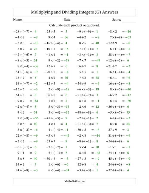 The Multiplying and Dividing Mixed Integers from -9 to 9 (100 Questions) (G) Math Worksheet Page 2