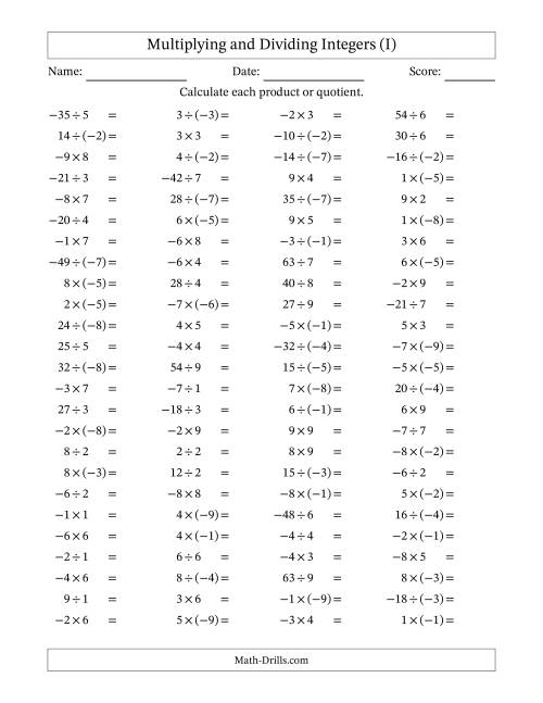The Multiplying and Dividing Mixed Integers from -9 to 9 (100 Questions) (I) Math Worksheet