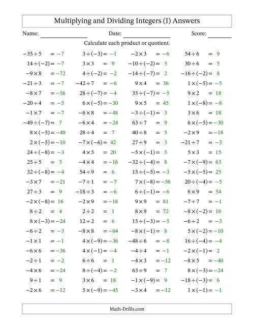 The Multiplying and Dividing Mixed Integers from -9 to 9 (100 Questions) (I) Math Worksheet Page 2