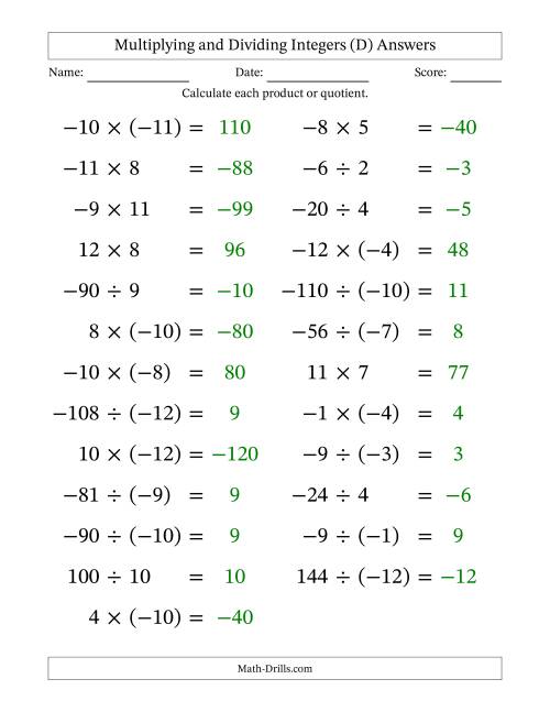 The Multiplying and Dividing Mixed Integers from -12 to 12 (25 Questions; Large Print) (D) Math Worksheet Page 2
